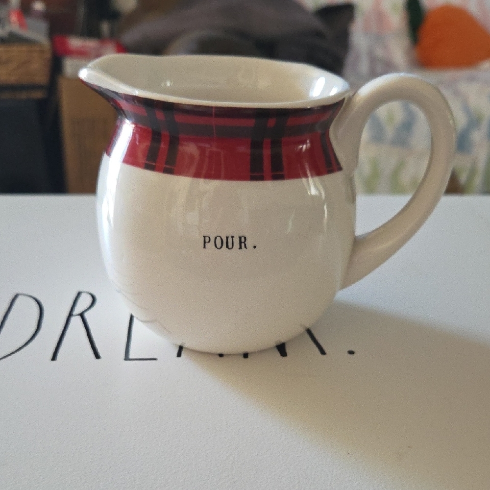 Rae Dunn Cream Ceramic Pitcher with Red Plaid Trim